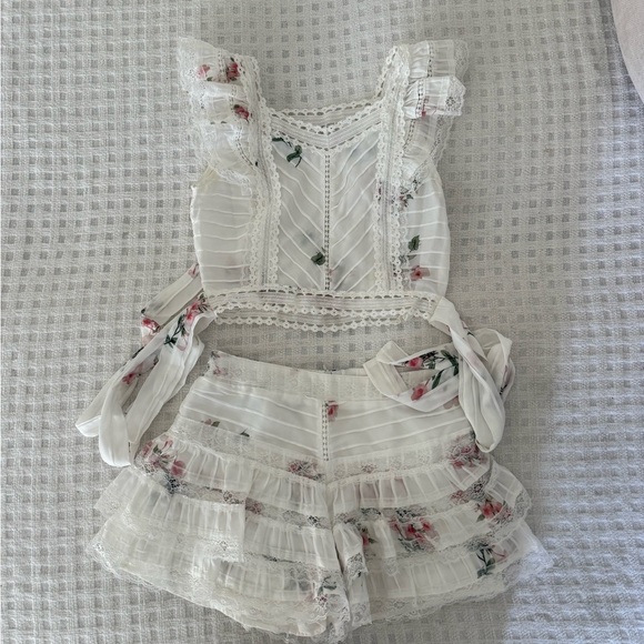 None Dresses & Skirts - Floral Lace Ruffle Top and Shorts Set